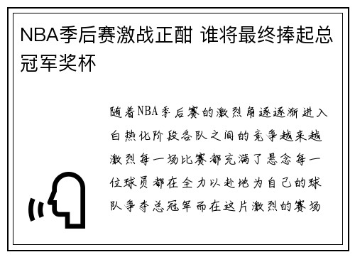 NBA季后赛激战正酣 谁将最终捧起总冠军奖杯